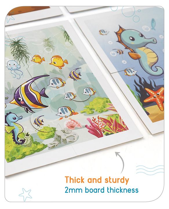 Babyhug 24 Pcs Aquatic Theme Jigsaw Puzzle| 4 in 1 Double Side 6 Puzzle Set Montessori Learning and Educational Toy for 2-4 Years Kids| Improves Motor Skills and Hand Eye Co-ordination| Gifting Toy| BIS Certified