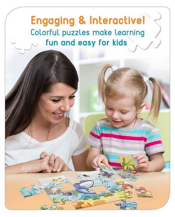 Babyhug 24 Pcs Aquatic Theme Jigsaw Puzzle| 4 in 1 Double Side 6 Puzzle Set Montessori Learning and Educational Toy for 2-4 Years Kids| Improves Motor Skills and Hand Eye Co-ordination| Gifting Toy| BIS Certified