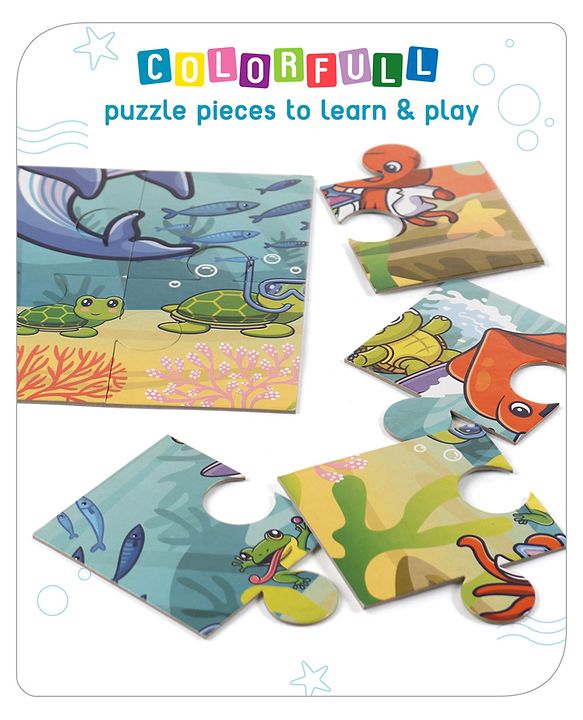 Babyhug 24 Pcs Aquatic Theme Jigsaw Puzzle| 4 in 1 Double Side 6 Puzzle Set Montessori Learning and Educational Toy for 2-4 Years Kids| Improves Motor Skills and Hand Eye Co-ordination| Gifting Toy| BIS Certified