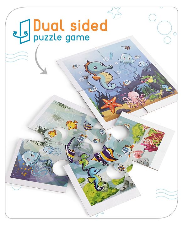 Babyhug 24 Pcs Aquatic Theme Jigsaw Puzzle| 4 in 1 Double Side 6 Puzzle Set Montessori Learning and Educational Toy for 2-4 Years Kids| Improves Motor Skills and Hand Eye Co-ordination| Gifting Toy| BIS Certified