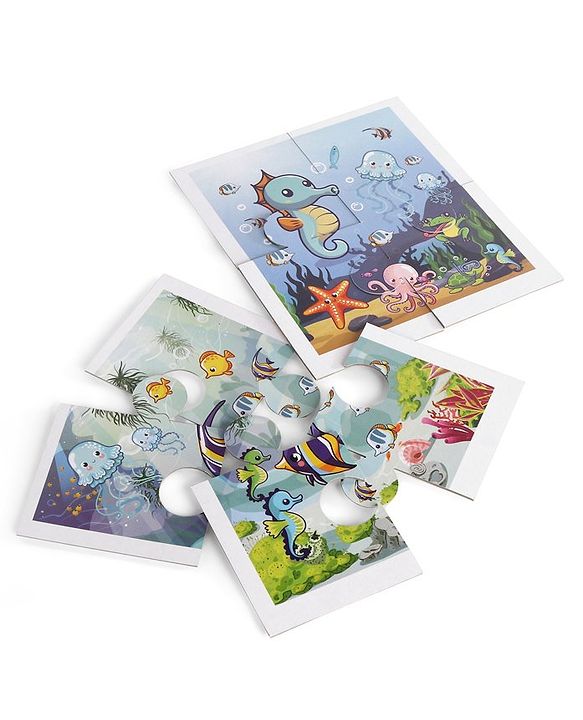 Babyhug 24 Pcs Aquatic Theme Jigsaw Puzzle| 4 in 1 Double Side 6 Puzzle Set Montessori Learning and Educational Toy for 2-4 Years Kids| Improves Motor Skills and Hand Eye Co-ordination| Gifting Toy| BIS Certified