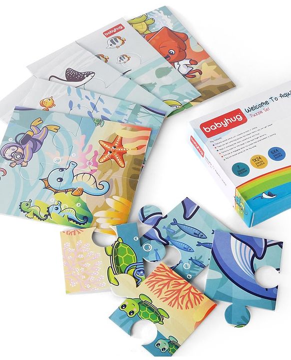 Babyhug 24 Pcs Aquatic Theme Jigsaw Puzzle| 4 in 1 Double Side 6 Puzzle Set Montessori Learning and Educational Toy for 2-4 Years Kids| Improves Motor Skills and Hand Eye Co-ordination| Gifting Toy| BIS Certified
