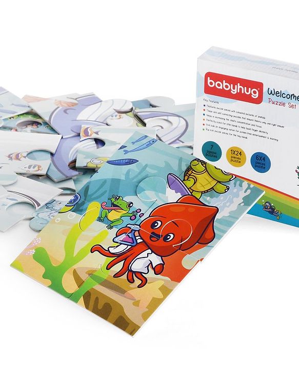Babyhug 24 Pcs Aquatic Theme Jigsaw Puzzle| 4 in 1 Double Side 6 Puzzle Set Montessori Learning and Educational Toy for 2-4 Years Kids| Improves Motor Skills and Hand Eye Co-ordination| Gifting Toy| BIS Certified