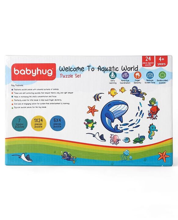 Babyhug 24 Pcs Aquatic Theme Jigsaw Puzzle| 4 in 1 Double Side 6 Puzzle Set Montessori Learning and Educational Toy for 2-4 Years Kids| Improves Motor Skills and Hand Eye Co-ordination| Gifting Toy| BIS Certified