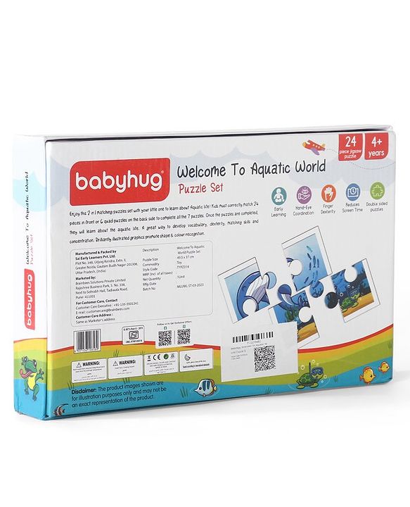 Babyhug 24 Pcs Aquatic Theme Jigsaw Puzzle| 4 in 1 Double Side 6 Puzzle Set Montessori Learning and Educational Toy for 2-4 Years Kids| Improves Motor Skills and Hand Eye Co-ordination| Gifting Toy| BIS Certified