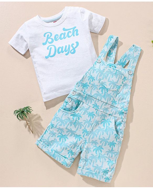 Babyhug 100% Cotton Dungaree and Half Sleeves T-Shirt Set Pine Tree Print - Blue White