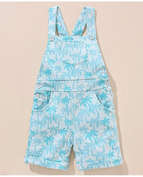 Babyhug 100% Cotton Dungaree and Half Sleeves T-Shirt Set Pine Tree Print - Blue White