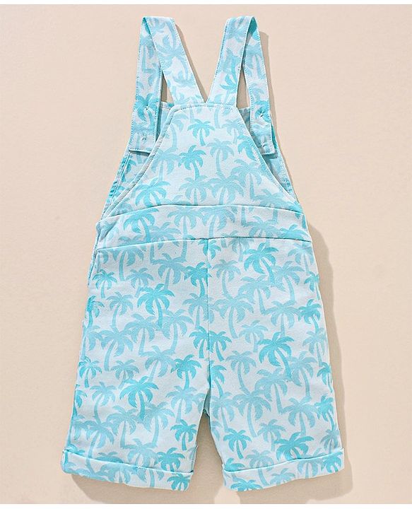 Babyhug 100% Cotton Dungaree and Half Sleeves T-Shirt Set Pine Tree Print - Blue White
