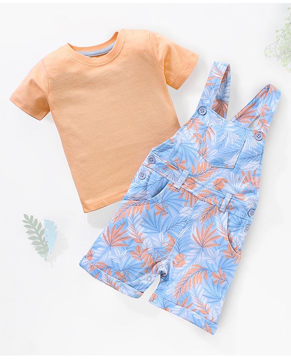 Babyhug 100% Cotton Half Sleeves T-shirt With Dungaree Leaves Print- Orange Multicolor