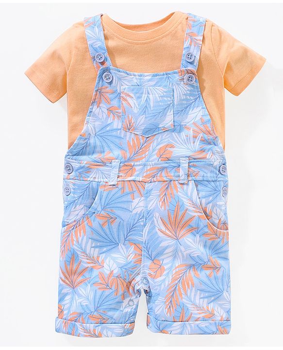 Babyhug 100% Cotton Half Sleeves T-shirt With Dungaree Leaves Print- Orange Multicolor