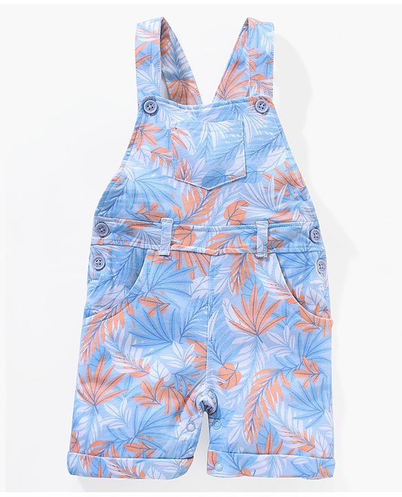 Babyhug 100% Cotton Half Sleeves T-shirt With Dungaree Leaves Print- Orange Multicolor