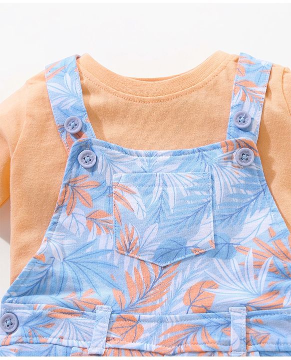 Babyhug 100% Cotton Half Sleeves T-shirt With Dungaree Leaves Print- Orange Multicolor