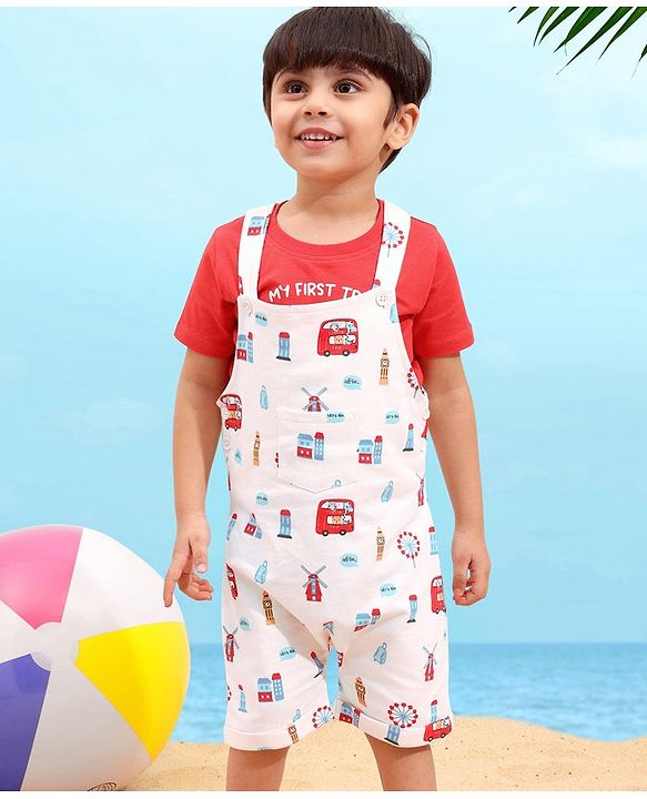 Babyhug Cotton Half Sleeves Tee With Dungaree Bus Print- Red Multicolor