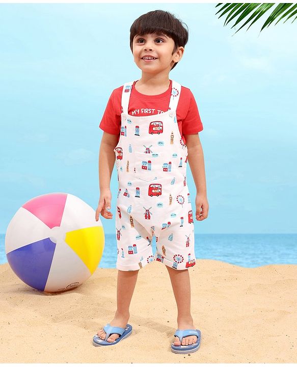 Babyhug Cotton Half Sleeves Tee With Dungaree Bus Print- Red Multicolor