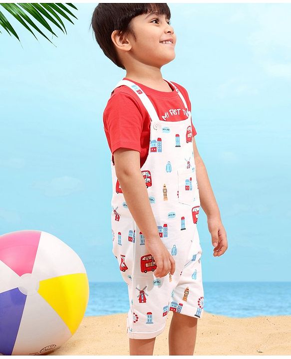 Babyhug Cotton Half Sleeves Tee With Dungaree Bus Print- Red Multicolor