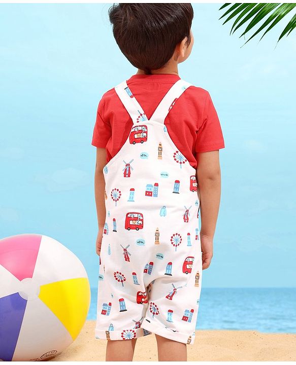 Babyhug Cotton Half Sleeves Tee With Dungaree Bus Print- Red Multicolor