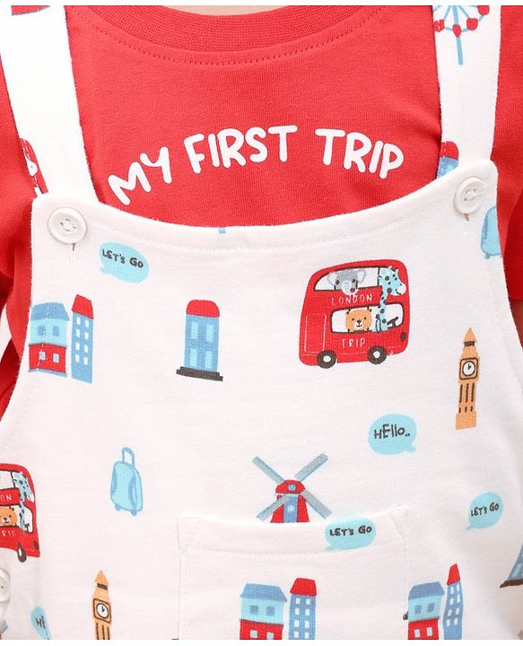 Babyhug Cotton Half Sleeves Tee With Dungaree Bus Print- Red Multicolor