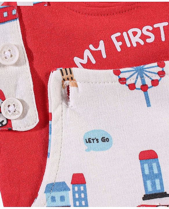 Babyhug Cotton Half Sleeves Tee With Dungaree Bus Print- Red Multicolor