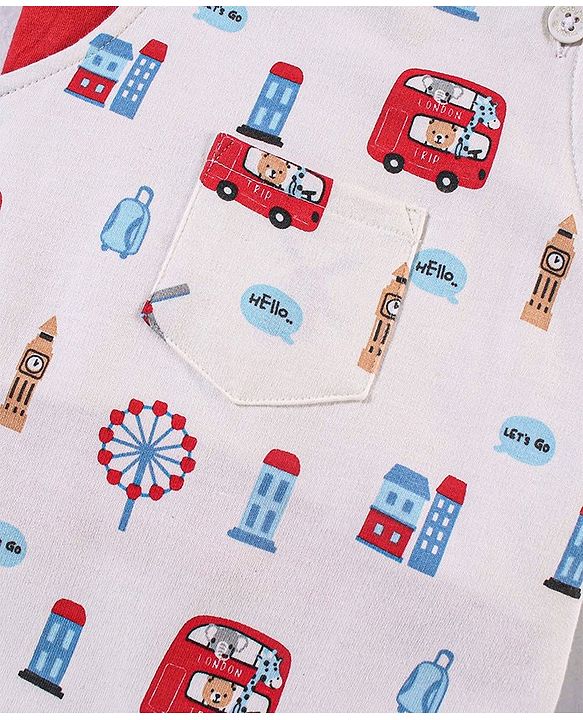 Babyhug Cotton Half Sleeves Tee With Dungaree Bus Print- Red Multicolor