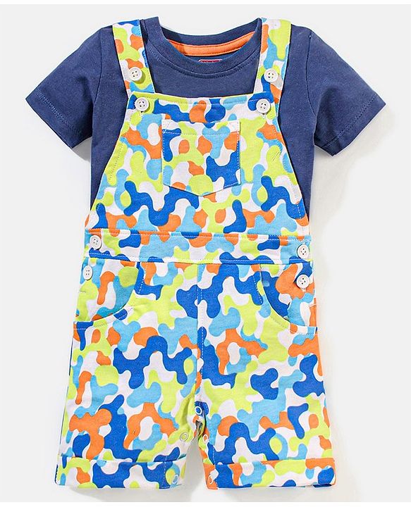 Babyhug 100% Cotton Camouflage Printed Dungaree and Half Sleeves Solid Color T-Shirt Set - Blue