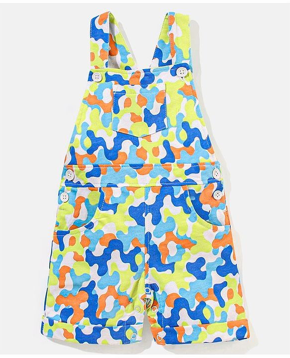 Babyhug 100% Cotton Camouflage Printed Dungaree and Half Sleeves Solid Color T-Shirt Set - Blue