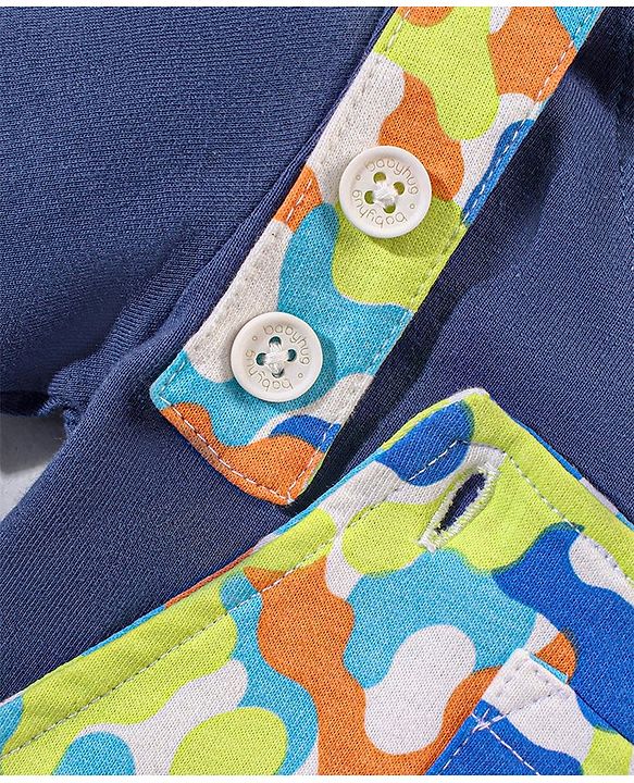 Babyhug 100% Cotton Camouflage Printed Dungaree and Half Sleeves Solid Color T-Shirt Set - Blue