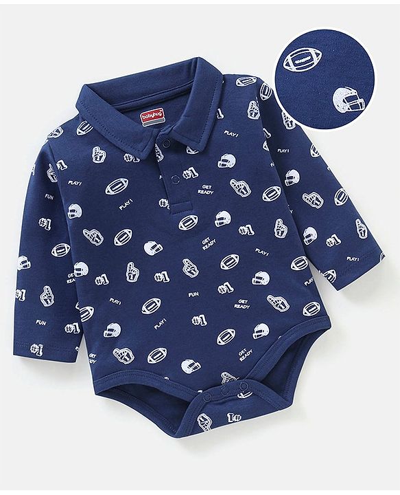 Babyhug 100% Cotton Full Sleeves Onesie Rugby Print - Navy Blue
