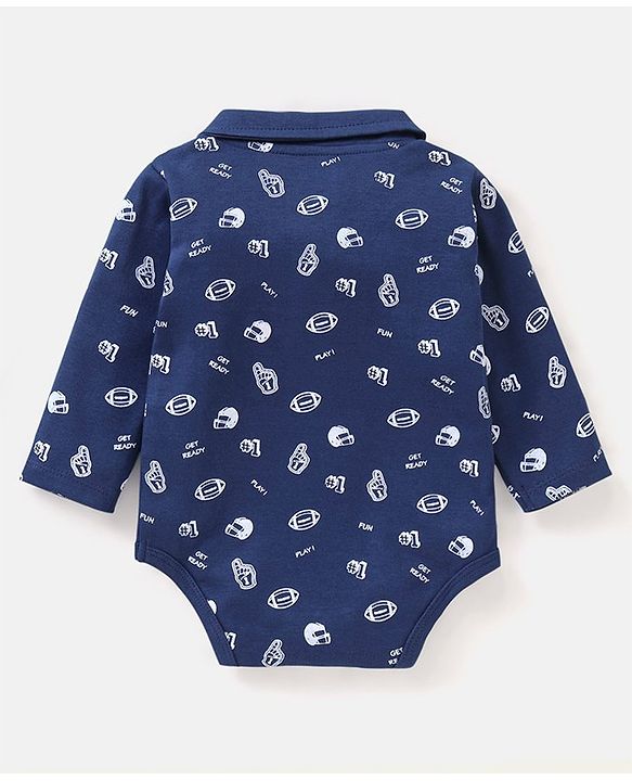 Babyhug 100% Cotton Full Sleeves Onesie Rugby Print - Navy Blue
