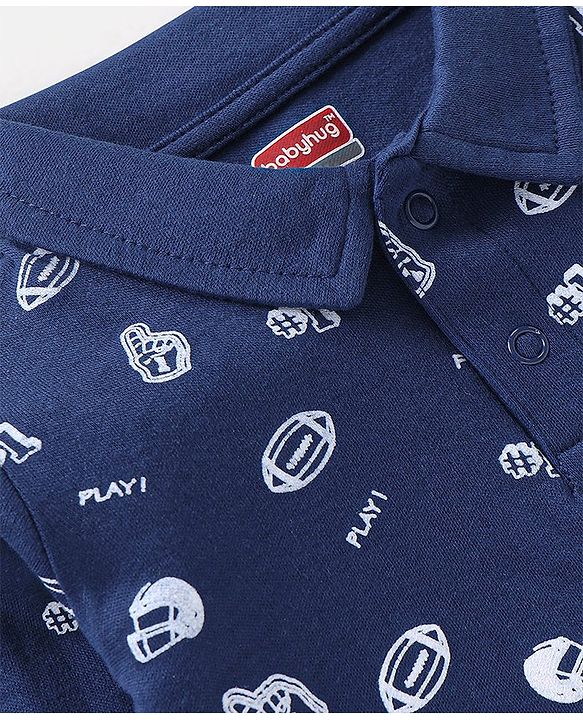 Babyhug 100% Cotton Full Sleeves Onesie Rugby Print - Navy Blue