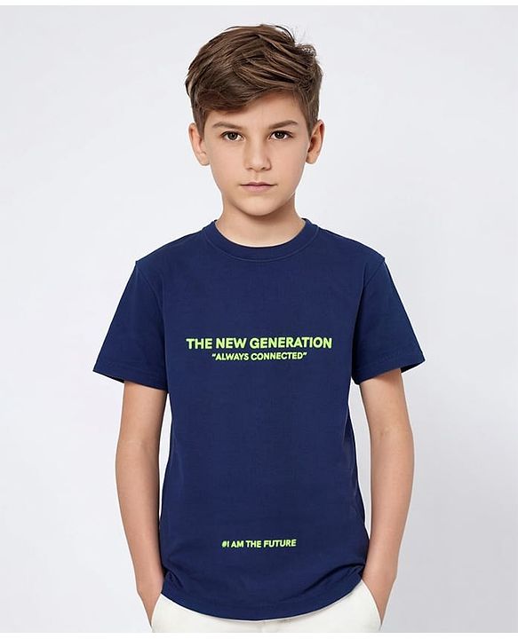 Pine Kids 100% Cotton Half Sleeves Bio Washed T-Shirt Text Print - Blue