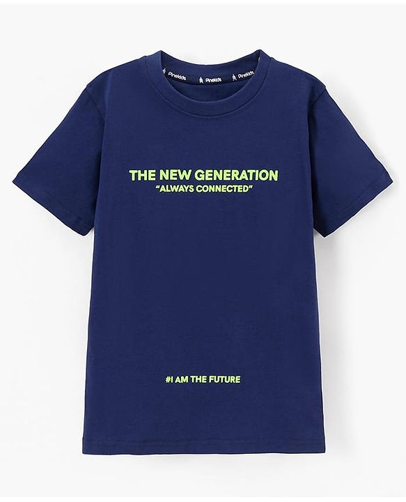 Pine Kids 100% Cotton Half Sleeves Bio Washed T-Shirt Text Print - Blue