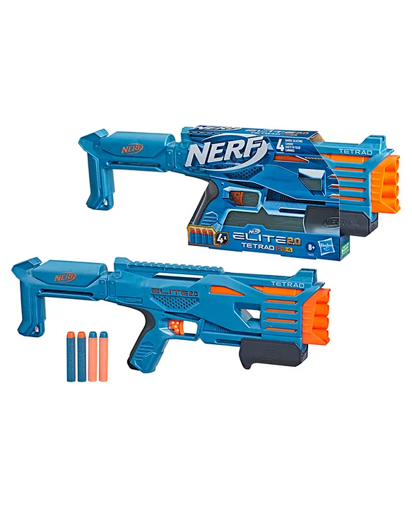 Nerf Elite 2.0 Tetrad QS 4 Blaster with Darts and Barrel Blasting - Blue  Orange [+info]