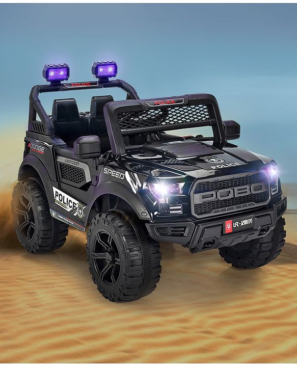 Babyhug Battery Operated Police Ride On Jeep With Lights and Music - Black| Forward & Reverse Drive| Wide Comfortable Seat| Rechargeable Battery| Remote Control| Pre-loaded Music with USB & AUX| Easy to Assemble| Openable Doors| Easy to Operate