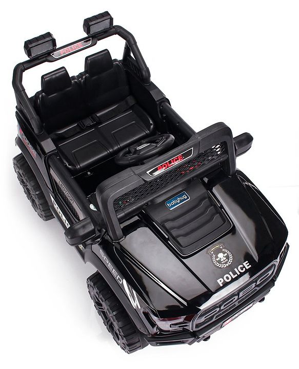 Babyhug Battery Operated Police Ride On Jeep With Lights and Music - Black| Forward & Reverse Drive| Wide Comfortable Seat| Rechargeable Battery| Remote Control| Pre-loaded Music with USB & AUX| Easy to Assemble| Openable Doors| Easy to Operate