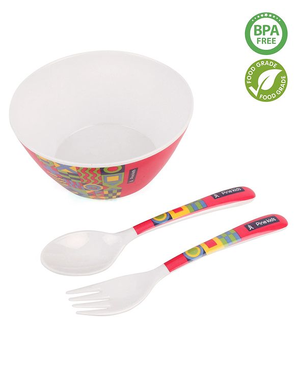 Pine Kids Melamine Bowl With Fork And Spoon Pink - Pack of 3