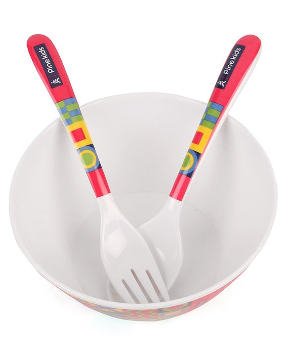Pine Kids Melamine Bowl With Fork And Spoon Pink - Pack of 3