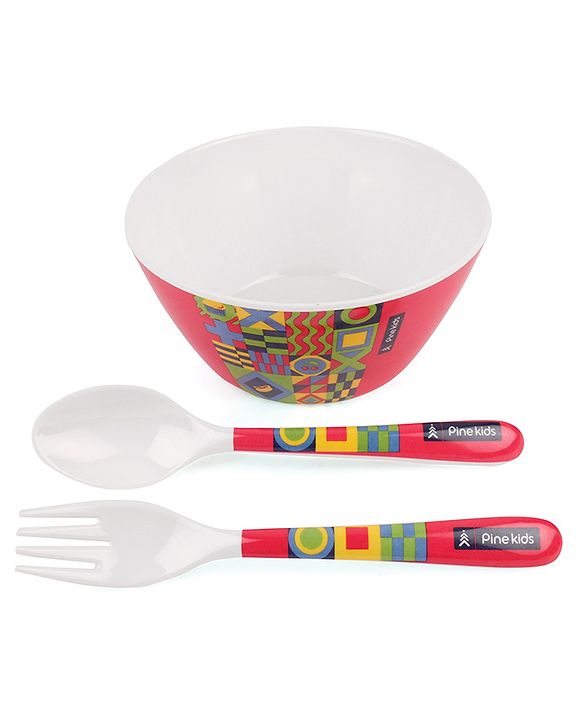 Pine Kids Melamine Bowl With Fork And Spoon Pink - Pack of 3