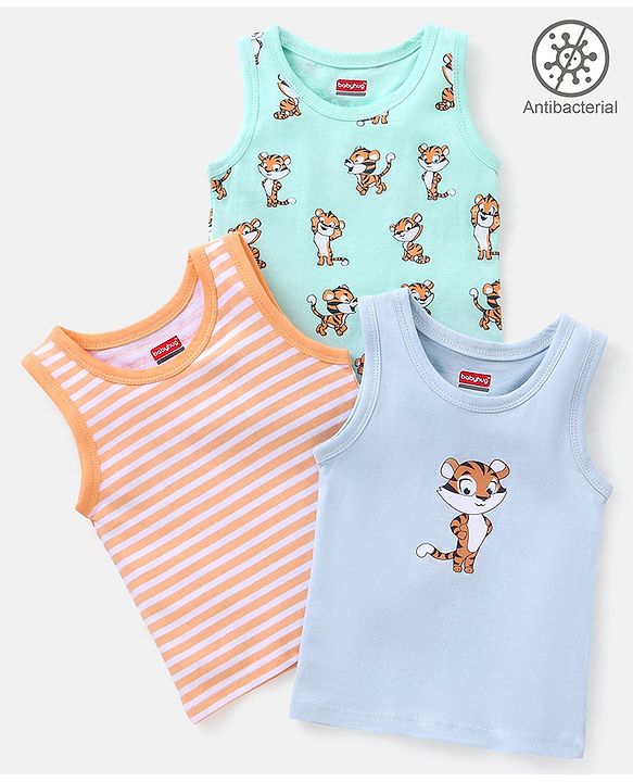 Babyhug 100% Cotton Antibacterial Sleeveless Vests Tiger Print Pack of 3 - Mint Blue & Orange