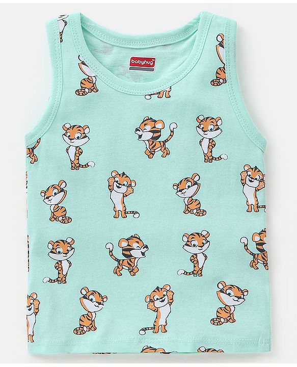 Babyhug 100% Cotton Antibacterial Sleeveless Vests Tiger Print Pack of 3 - Mint Blue & Orange