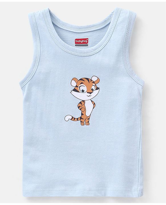 Babyhug 100% Cotton Antibacterial Sleeveless Vests Tiger Print Pack of 3 - Mint Blue & Orange