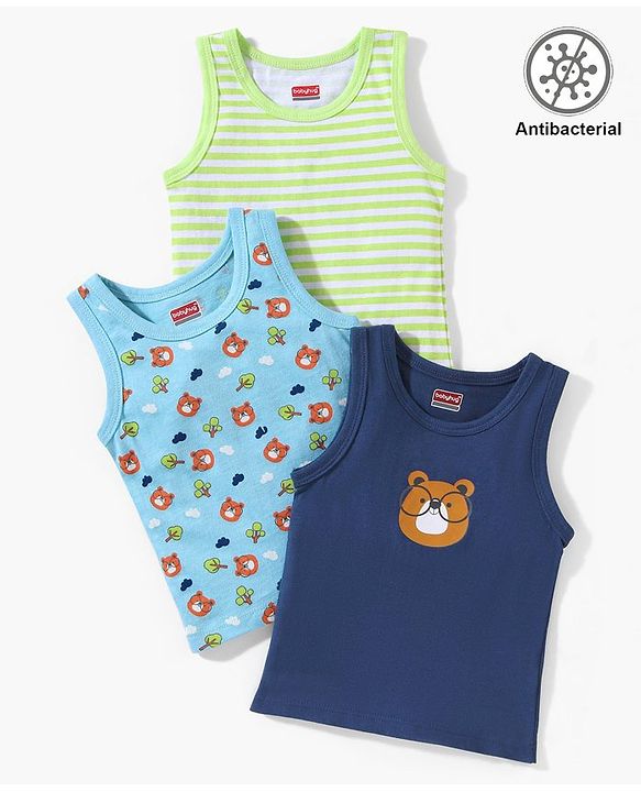 Babyhug 100% Cottton Anti Bacterial Sleeveless Sando Pack Of 3 - Blue Green