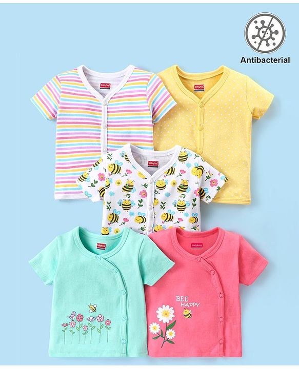 Babyhug 100% Cotton Antibacterial Half Sleeves Vests Bee Print Pack of 5 - Pink Blue & Yellow