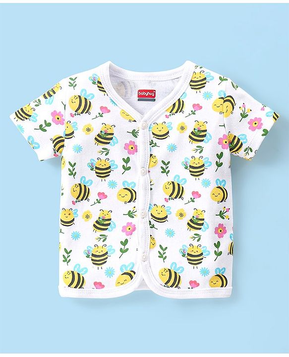 Babyhug 100% Cotton Antibacterial Half Sleeves Vests Bee Print Pack of 5 - Pink Blue & Yellow