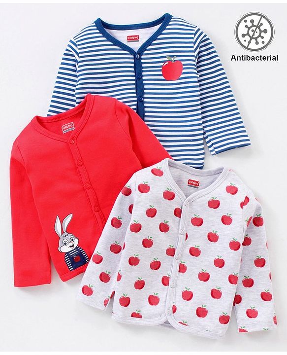 Babyhug 100% Cotton Antibacterial Full Sleeves Vests Stripes & Apple Print Pack of 3 - Grey Red & Blue