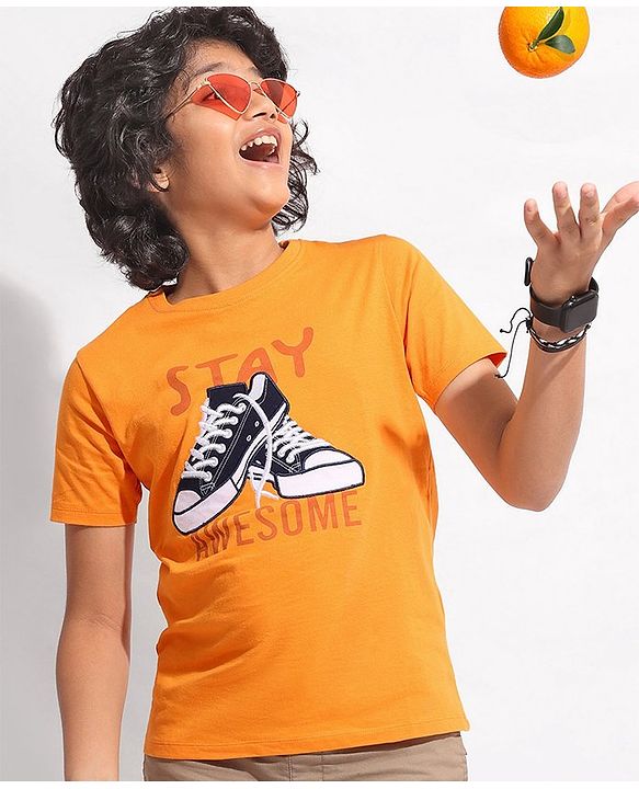 Pine Kids 100% Cotton Half Sleeves Bio Washed T-Shirt Shoes Print - Orange