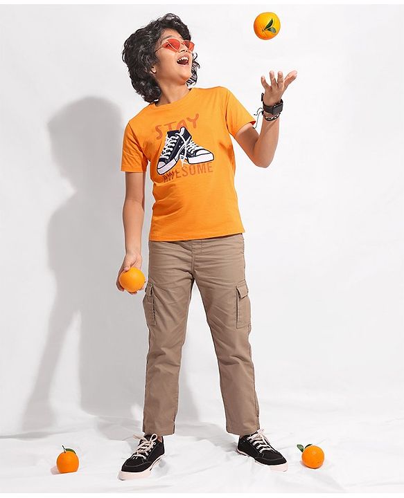 Pine Kids 100% Cotton Half Sleeves Bio Washed T-Shirt Shoes Print - Orange