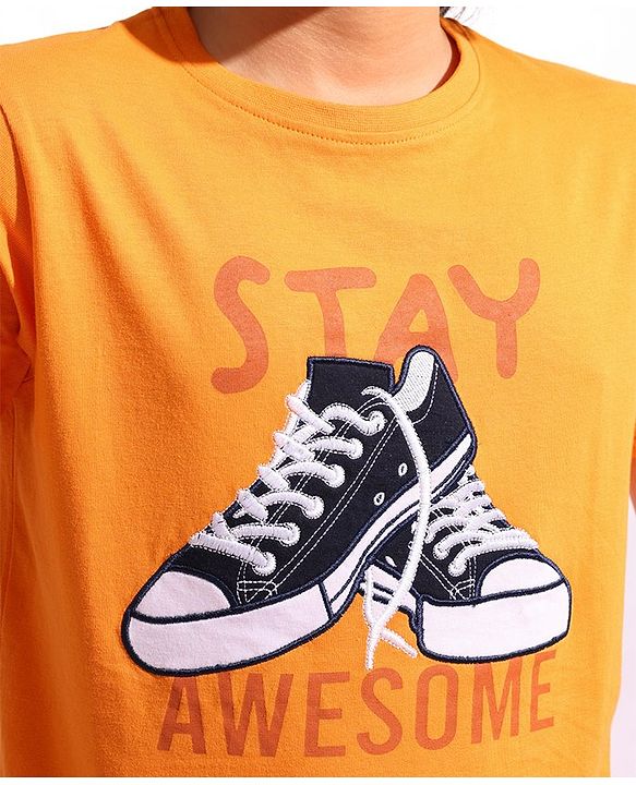 Pine Kids 100% Cotton Half Sleeves Bio Washed T-Shirt Shoes Print - Orange