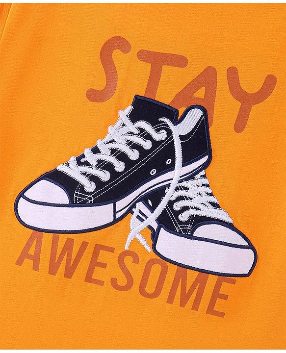 Pine Kids 100% Cotton Half Sleeves Bio Washed T-Shirt Shoes Print - Orange