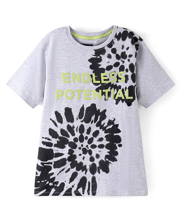 Pine Kids 100% Cotton Half Sleeves Bio Washed T-Shirt Text Print - Light Grey