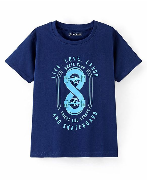 Pine Kids 100% Cotton Half Sleeves Bio Washed T-Shirt Text Print - Navy Blue